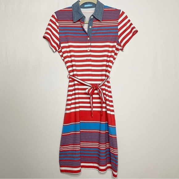 J. McLaughlin Catalina Cloth Striped Print Tie Waist Chambray Cotton Shirt Dress - Picture 1 of 12